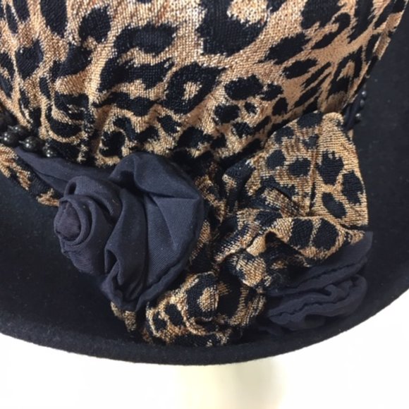 Handmade Leopard Print Wide Brim Black Hat